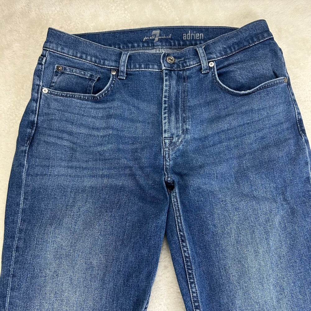 7 For All Mankind Adrien Straight Leg Jeans Mens 33 Blue Denim Whisker Stretch - Picture 2 of 14